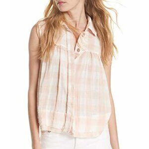 Free People Women's Hey There Sunrise Tank Top Plaid Gingham Gauze Peach Large
